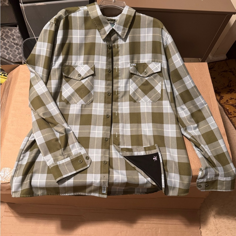 DIXXON Olive Green and White Plaid Casual Button Down Shirt